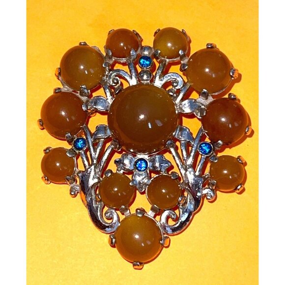 Vintage Silver Tone Apple Juice Bakelite & Blue Stone Art Nouveau Brooch - Picture 2 of 8